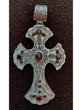 J Nelson Navajo Large Sterling Stampwork garnet Inlay Cross Wear Or Home Decor